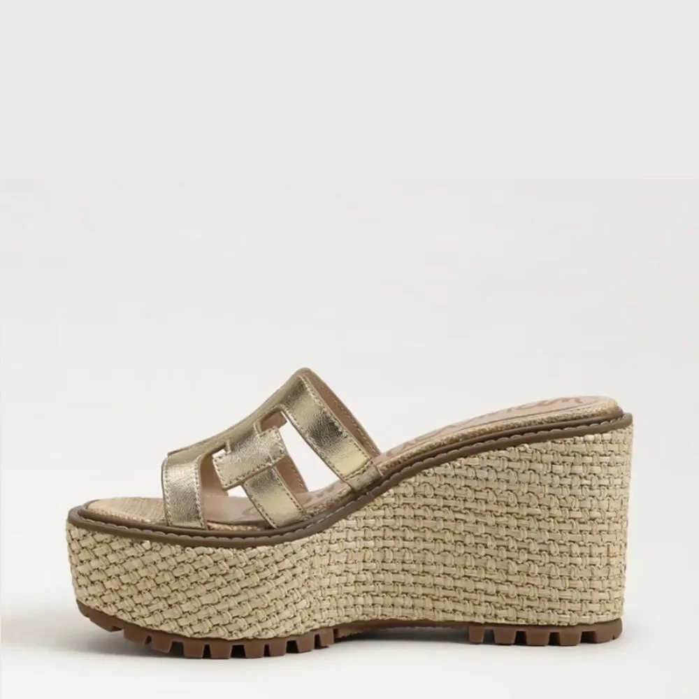 NEW Sam Edelman Laine Platform Wedge Sandal Gold Leather Size 9.5
